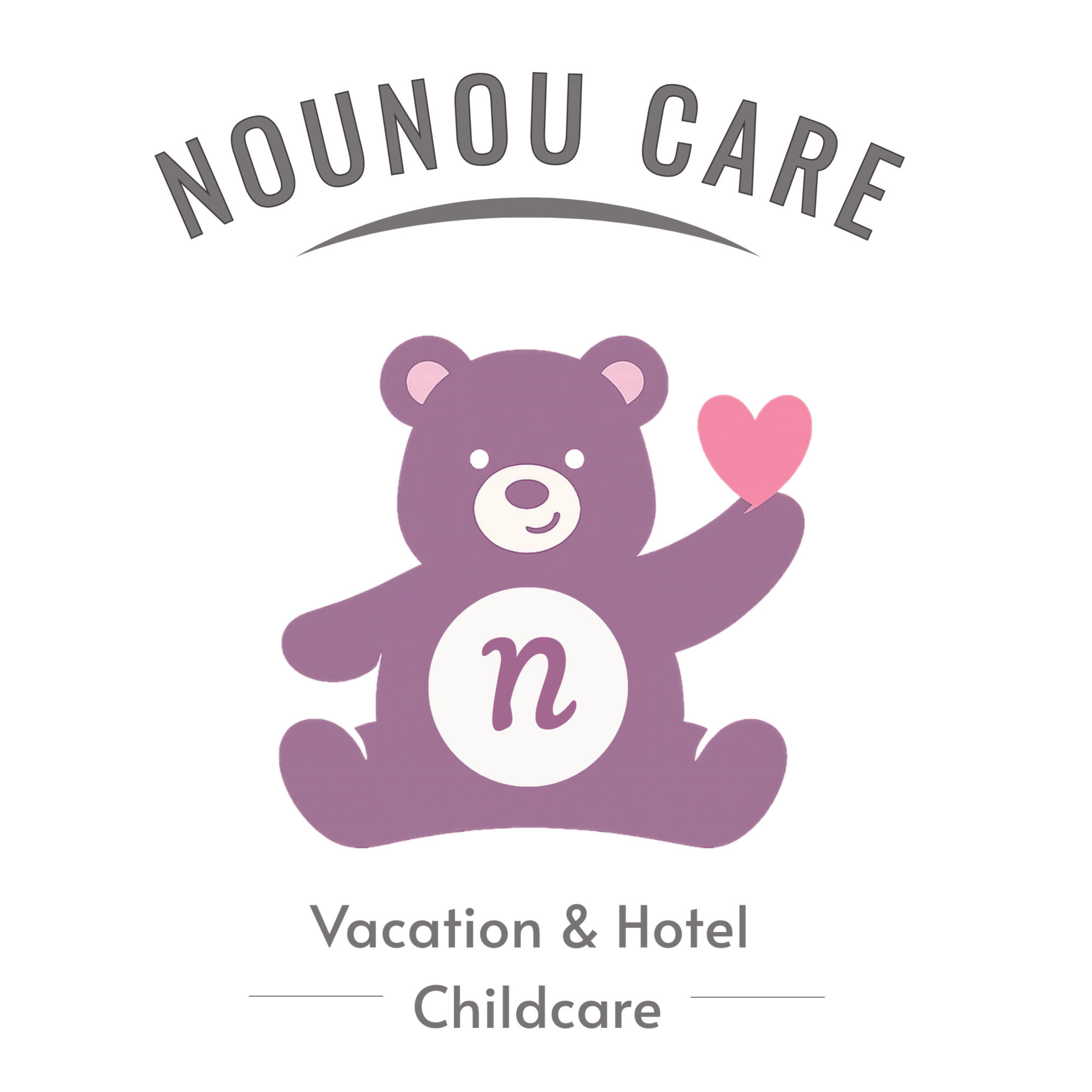 Nounou Care Logo Teddy bear holding a heart with the text "Vacation & Hotel Childcare" below